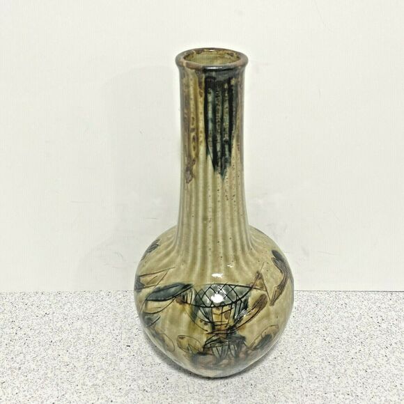 Vintage Mid Century Art Pottery Vase Drip Glaze Incised Brutalist Okinawa Japan - Picture 4 of 16